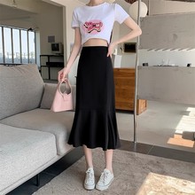 考蜡崽崽中长款鱼尾半身裙春季新款大码梨形高腰显瘦黑色a字裙