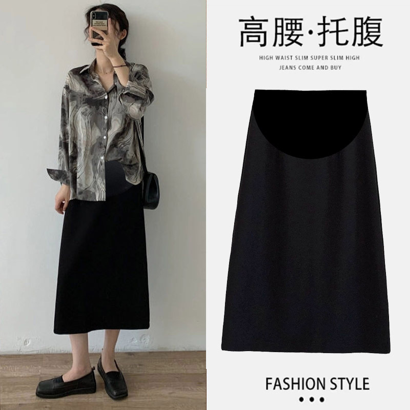 2024 New Pregnant Women's Skirt Autumn Outer Wear Belly-supporting A- line Skirt Korean Elegant Slimming Midi Suit Skirt