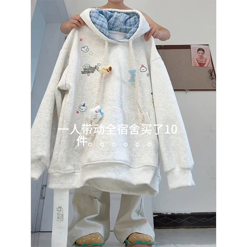 刺绣连帽卫衣女秋冬2025新款日系可爱小众设计感外套宽松慵懒风潮