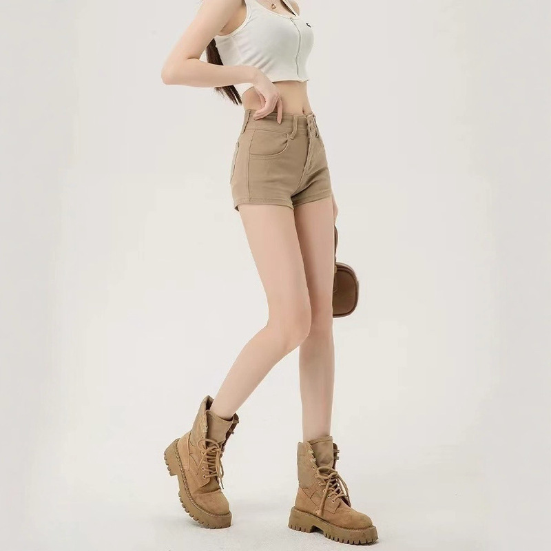 American Retro High Street Khaki Denim Shorts for Women Summer New High-Waisted Loose Slimming Look Hip-Covering A-Line Hot Pants