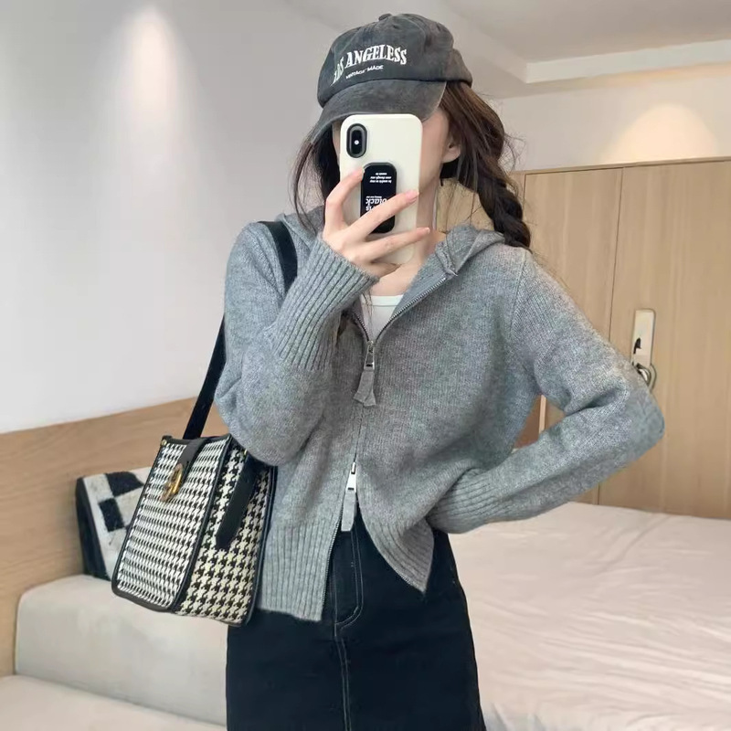 Pure Desire Style Gray Long Sleeve Knitted Cardigan for Women, Autumn 2025 New Double-Zip Slim Fit Short Top