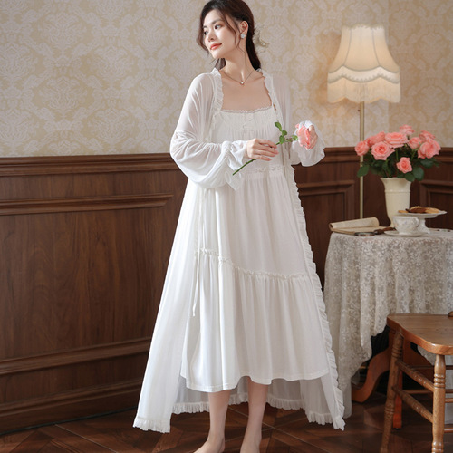 Women's Fall Pajama Set with Long Sleeve Robe, Braided Strap Dress, Court Style Sleepwear, French Net Gown, Wearable Homecoming Set