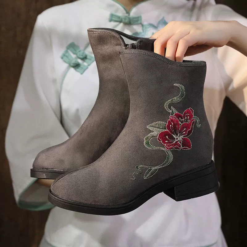 Зимние хлопковые сапоги, женские сапоги среднего размера, Хлопковые женские сапоги с завышенным костюмом, бархатные хлопковые тканевые сапоги с вышивкой в виде цветка, женские модные сапоги