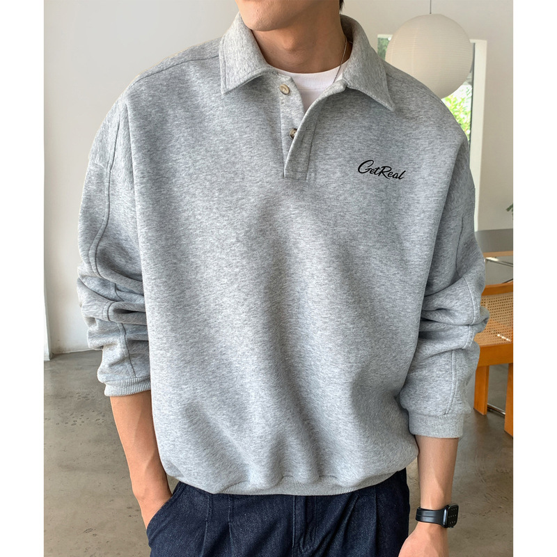 Trendy Color-Block Letter Print Turn-Down Collar Sweatshirt Men's Autumn Short Wide Silhouette Polo Pullover Retro Top Jacket