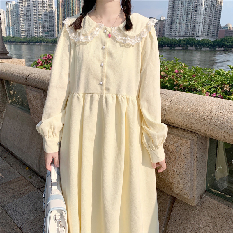 2025秋装新款宽松日系软妹蕾丝花边娃娃领长袖连衣裙子女气质长裙|undefined