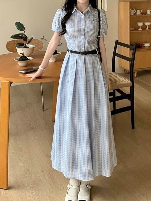 法式蓝色小清新条纹翻领连衣裙女夏季新款高级感气质收腰衬衫长裙|undefined