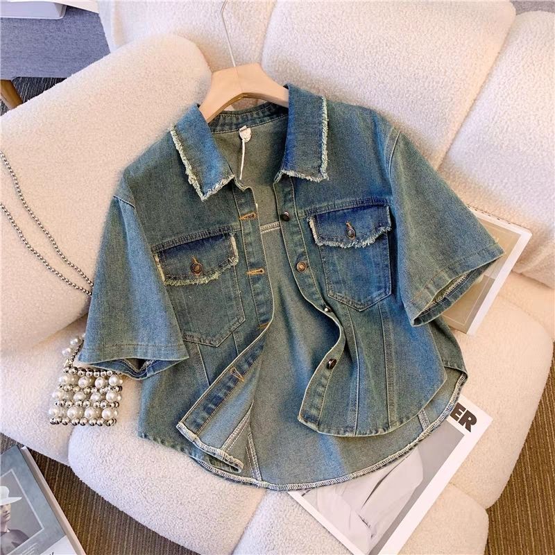 Cross-border Short-sleeved Denim Jacket Women's Summer Thin Small Long Dress New Retro Jacket Casual Top