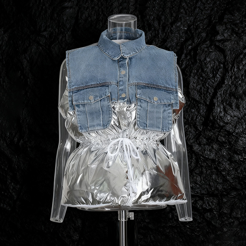 Korean-Style Designer Cotton Jacket 2026 Winter New Denim Patchwork Stylish Casual Waist-Cinching Women's Vest Trendy