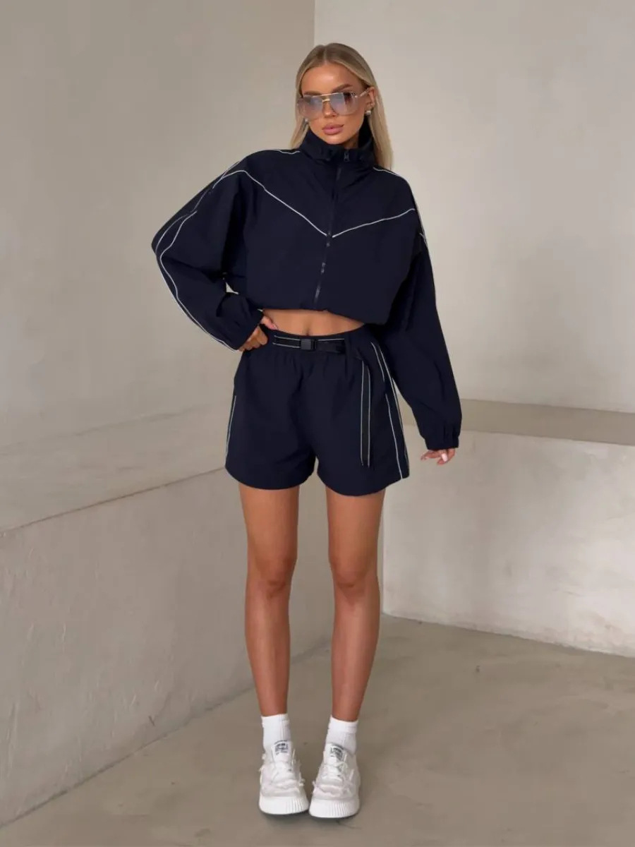 Women's Two Piece Set Solid Long Sleeve Zip Up Cardigan And Shorts_voghion.com