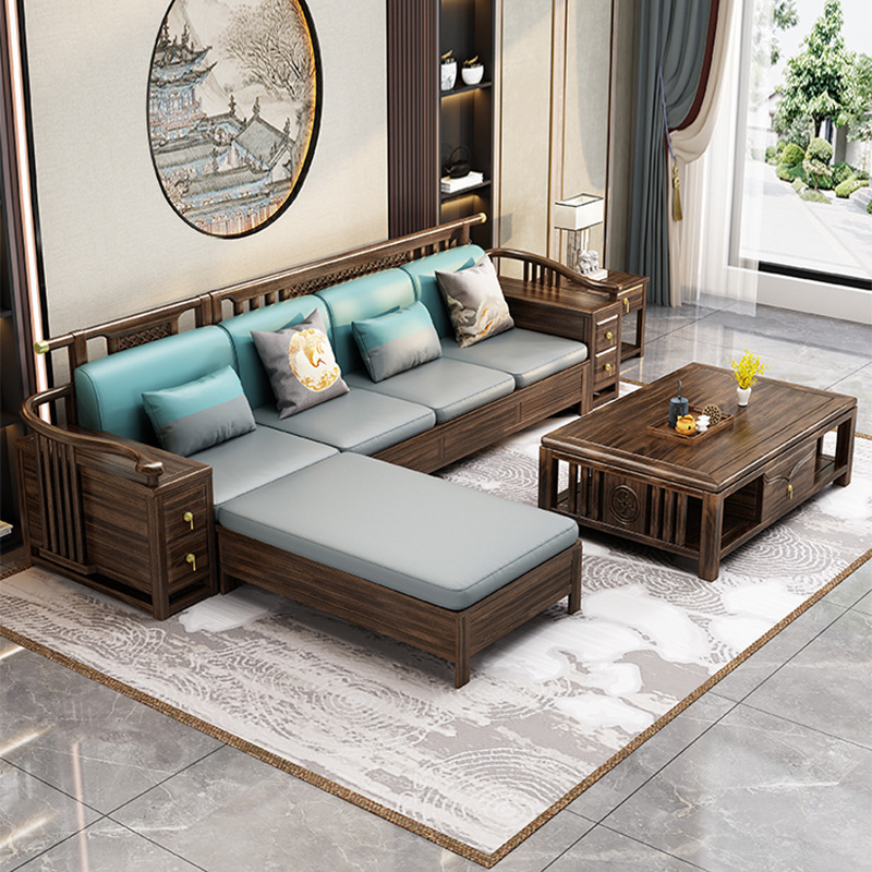 新中式烏金木實木沙發組合大小戶型儲物貴妃布藝沙發輕奢客廳家用