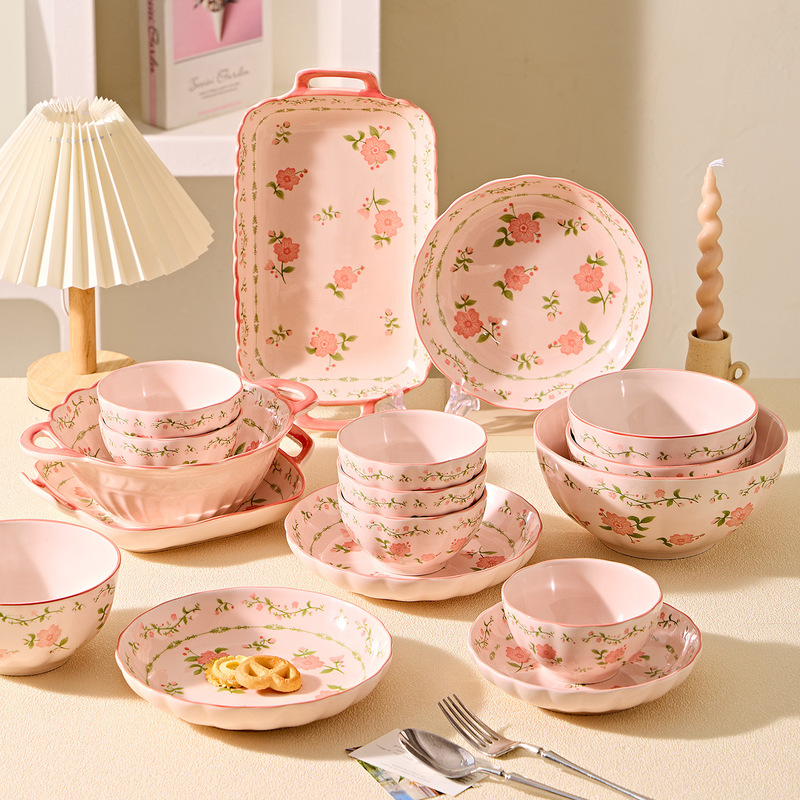 Japanese-style high-appearance pink underglaze ceramic tableware set, housewarming and wedding gift bowl and plate set, wedding gift box set Japanese-style high-appearance pink underglaze ceramic tableware set, housewarming and wedding gift bowl and plate set, wedding gift box set