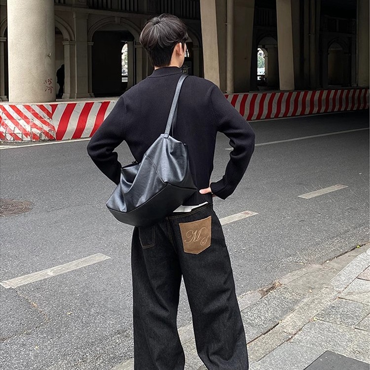 美式vintage马毛冈山弯刀牛仔裤男士春秋baggy设计感直筒微喇裤子|undefined