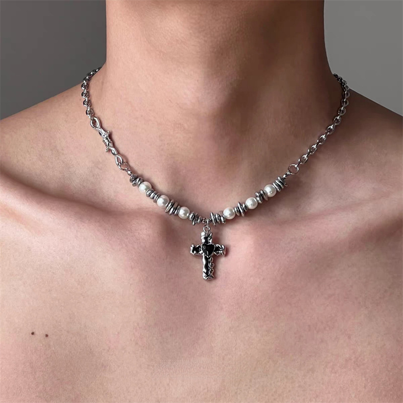 Pearl necklace titanium steel sweater chain cross punk style cross-border niche clavicle chain hip hop jewelry trendy for men and women Pearl necklace titanium steel sweater chain cross punk style cross-border niche clavicle chain hip hop jewelry trendy for men and women
