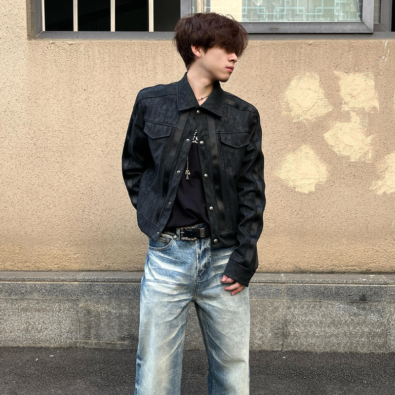 Street Punk Subculture Visual Style Black Short Suede Jacket for Men and Women, Spring and Autumn Striped Patchwork Jacket Top