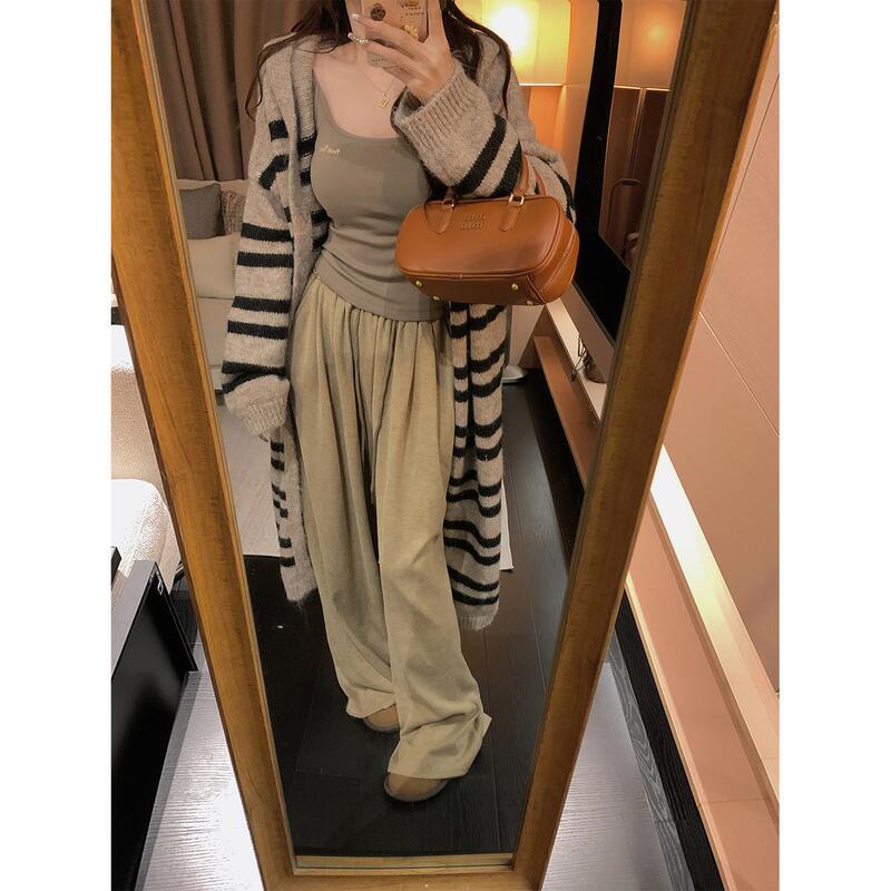 跨境新款慵懒风中长款宽松过膝连帽开衫毛衣外套女条纹秋冬针织|undefined