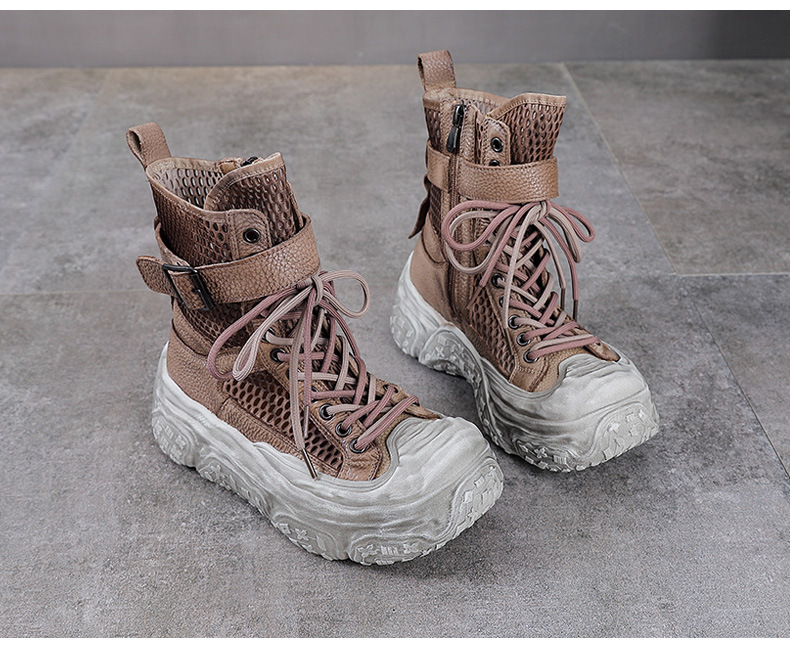 Boot Martin nữ cổ cao da bò thật mặt lưới thoáng khí đế dày bánh xốp — Màu khoai môn chi tiết 13