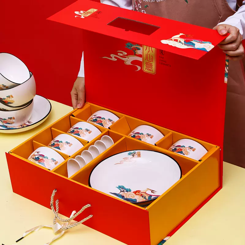 日式创意敦煌礼品碗筷套装青花瓷会销陶瓷餐具套碗心意礼盒开业