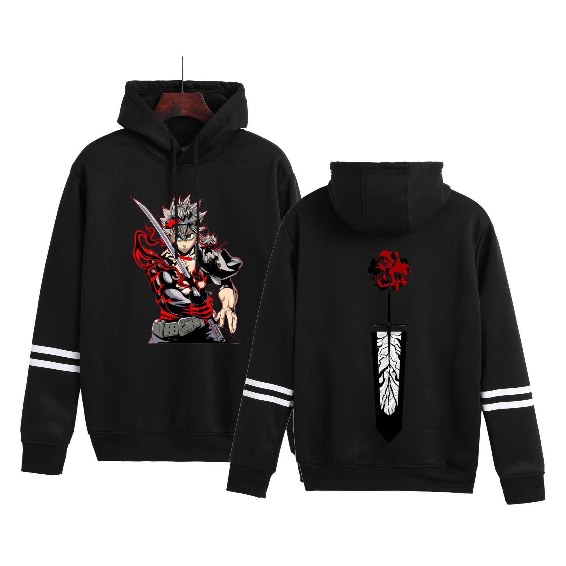Amazon hombres y mujeres anime trébol negro Black Clover estampado con capucha pareja suéter de barras paralelas