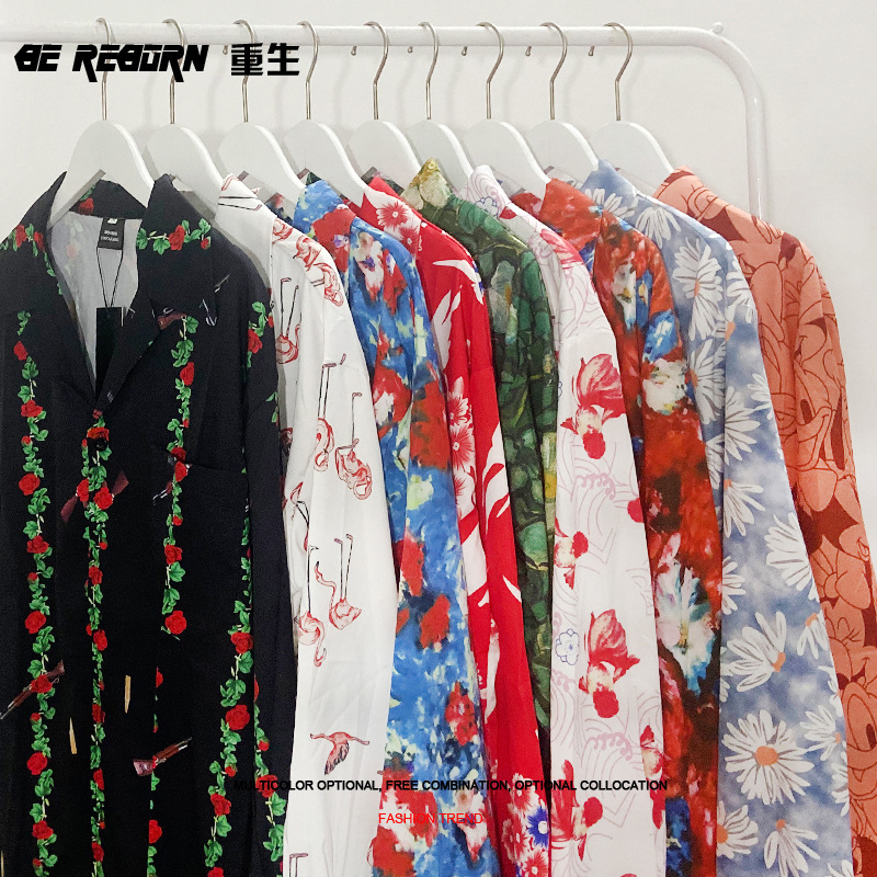 Butt Collar Black Rose Shirt for Men and Women Hong Kong Style Handsome Loose Casual Couple Thai Long-Sleeved Shirt Autumn Cool Feeling