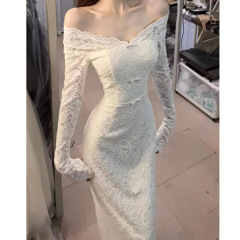 御姐独特绝美蕾丝一字肩修身包臀长裙高级小众不撞款连衣裙25秋季