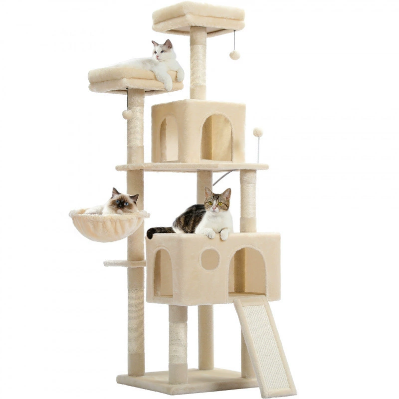 Multi‑level cat tree, plush cozy condo with scratching posts and hanging toys, multiple color codes