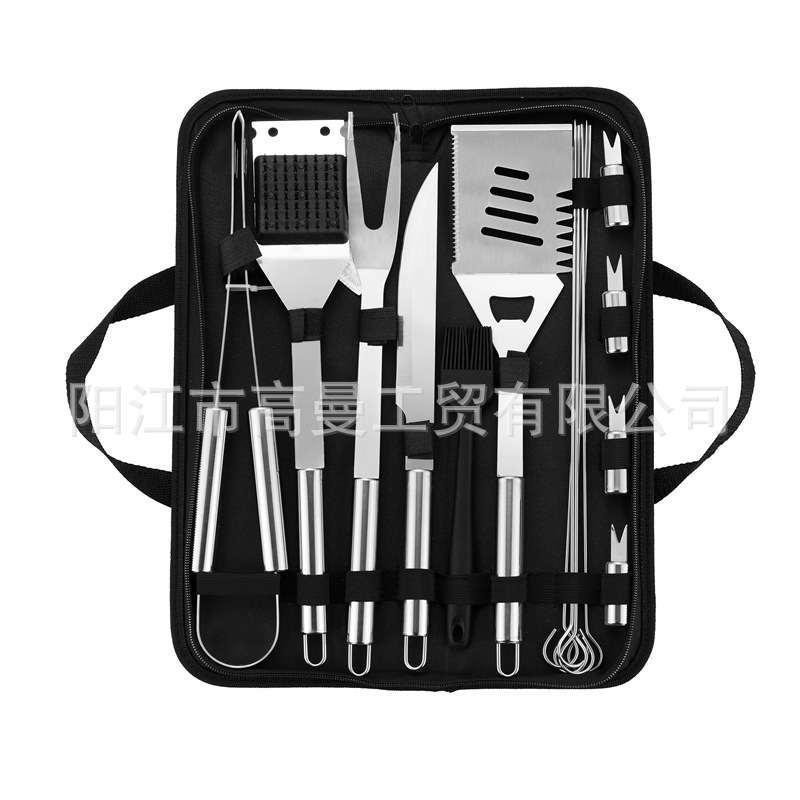 Juego de herramientas para barbacoa personalizado para comercio electrónico transfronterizo, exportación de fábrica, venta al por mayor, portátil, varios estilos, con bolsa de tela y asa pequeña.