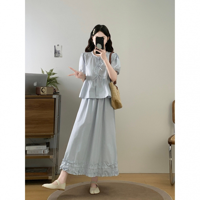 プラスサイズの女性の夏服、太ったmmミルクのセット、ライトブルーのベビードールシャツ、耳付きスカート、ツーピーススーツ|undefined