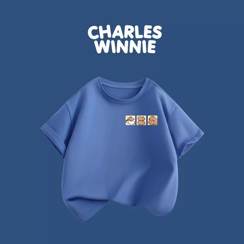 Cross-border ca three 9 upper right middle and large children pure cotton children's short-sleeved 2025 new summer boys and girls round neck children's clothing