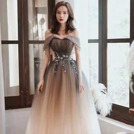2026渐变黑色晚宴年会表演主持人艺考朗诵独唱演出走秀婚纱晚礼服