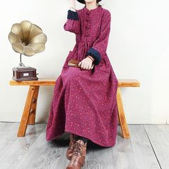 加绒加厚棉麻碎花连衣裙秋冬复古民族风盘扣长裙子宽松大摆裙
