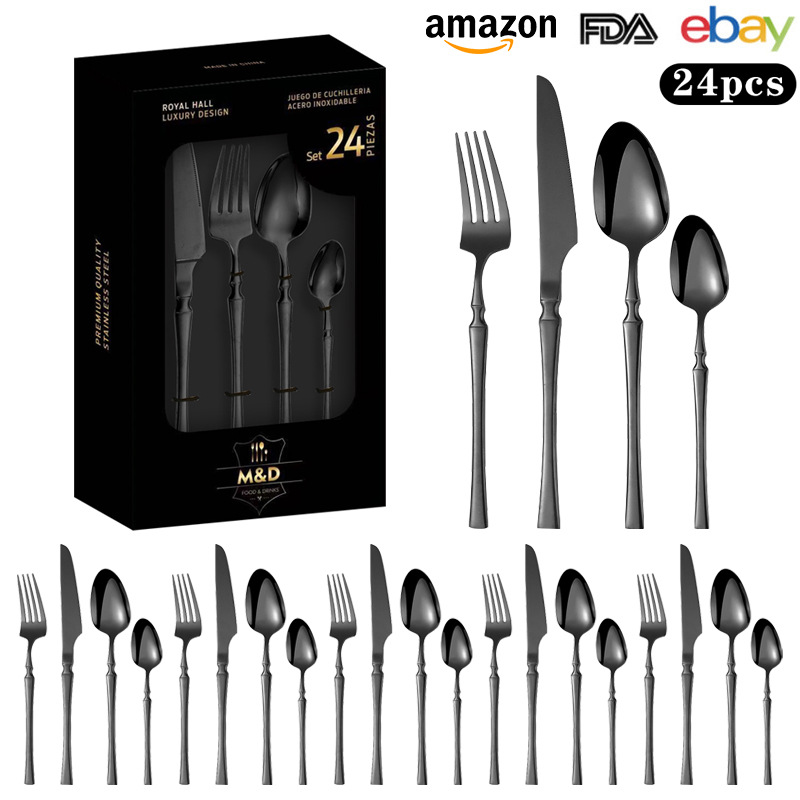 Cross-border Venta caliente de acero inoxidable vajilla traje caja de regalo cuchillo y tenedor conjunto de 24 piezas 6-Persona occidental vajilla cuchillo de carne cuchara de oro