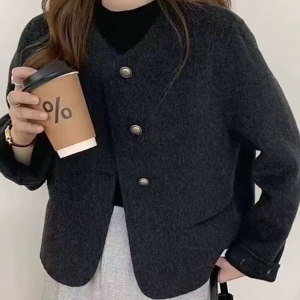 2025 새로운 봄, 가을 라운드 넥 향기로운 짧은 모직 기질 양면 작은 모직 코트 재킷 서양식