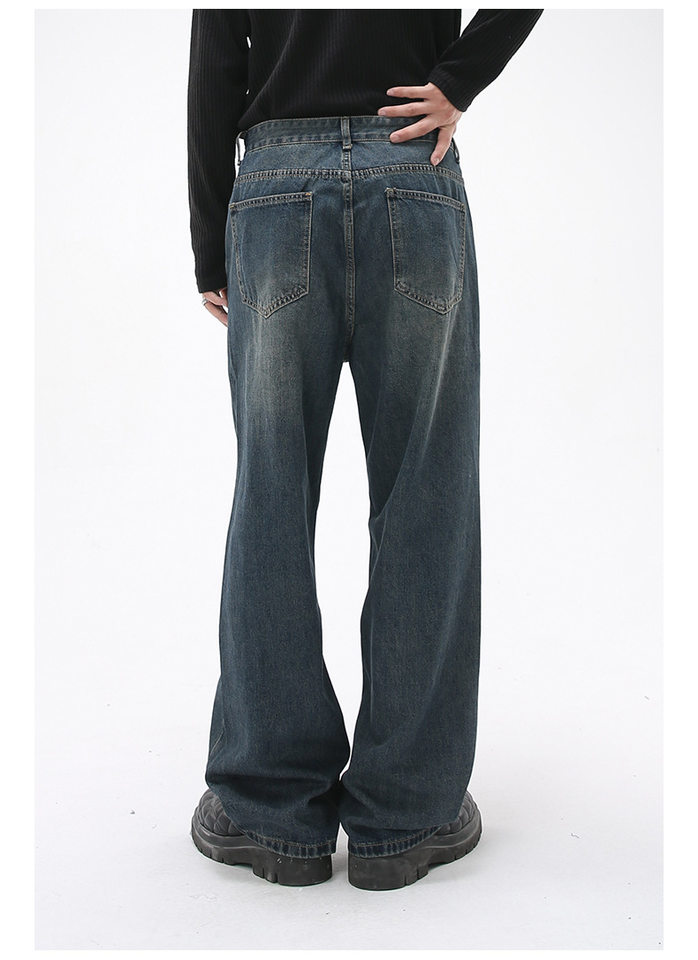 Quần jean nam ống rộng dáng suông cạp vừa vải denim xanh giặt nhẹ — Màu xanh lam chi tiết 9