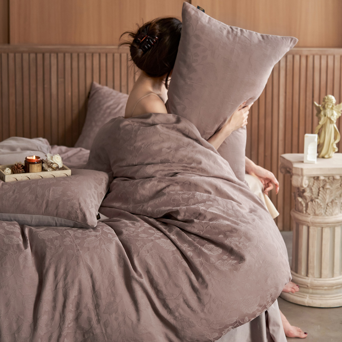 Set minimalista di quattro pezzi in jacquard di puro cotone tinto di classe A, lusso leggero e sensazione di alta gamma, biancheria da letto interamente in cotone._voghion.com