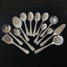 不锈钢钻纹厨具分菜勺漏锤纹服务勺沙拉勺叉汤壳酒店自助公用餐具