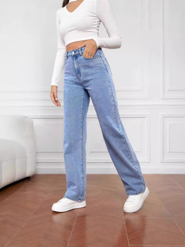 Women's straight-leg jeans, long, fashionable and versatile, loose fit for spring and summer 2025, high-waisted, washed