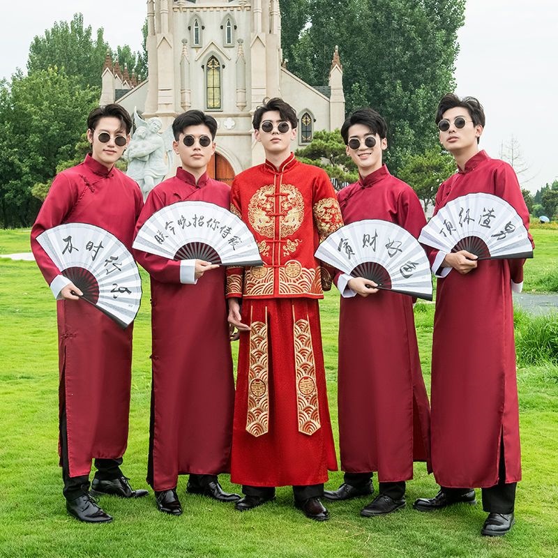 伴郎服中式结婚礼服中国风兄弟团服装婚礼喜庆演出服伴郎团服马褂