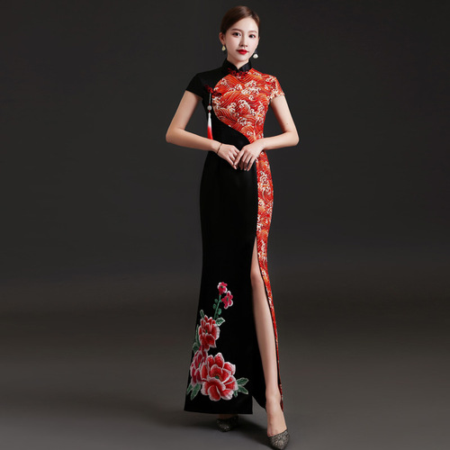 Black with red Chinese dress for women retro oriental style qipao slit performance mermaid dresse host singers car model Xiangyun peony catwalk cheongsam