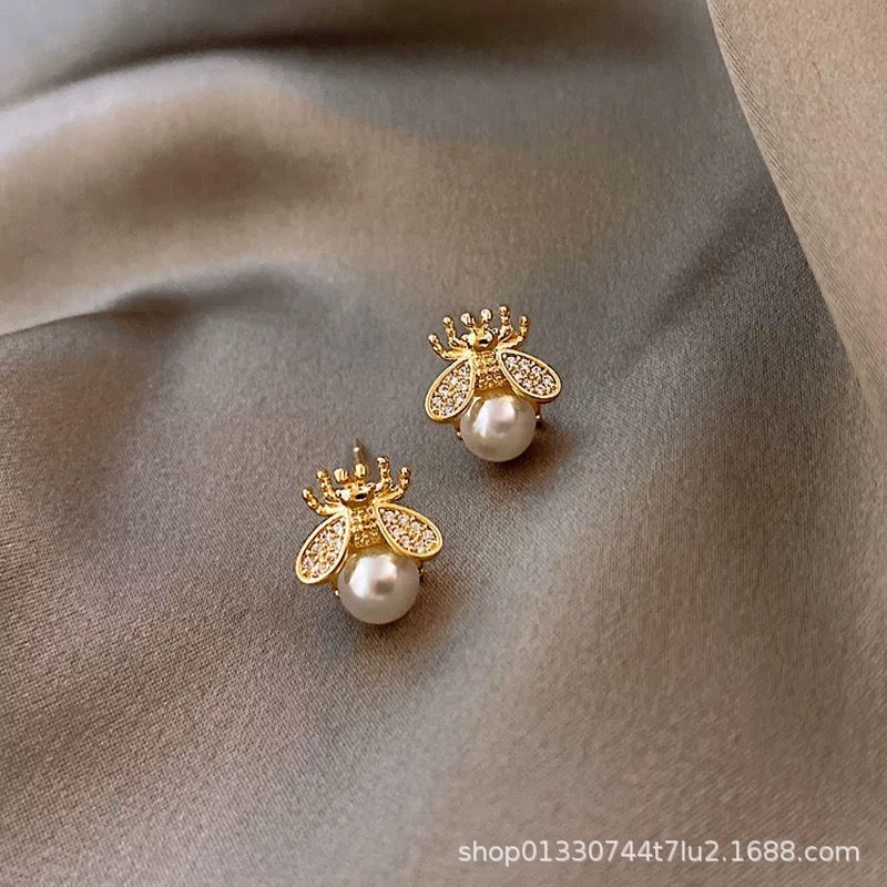 S925银针简约小巧蜜蜂耳钉精致ins小众设计感耳环高级感珍珠耳饰