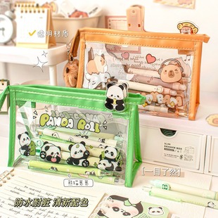 New Cartoon Transparent Triangle Pencil Bag Student Cute Large Capacity Stationery Bag Children's Gift High Color Value Pencil Box