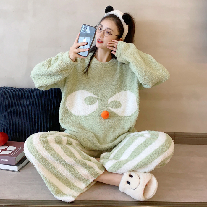 套头睡衣女秋冬季半边绒加厚款新款可爱学生法兰绒家居服套装外穿|undefined