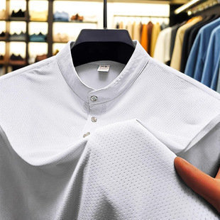 European and American Ins Cross-Border Fashion Mesh Ice Silk Short-Sleeved T-Shirt Men's Henley Shirt Summer Pure Color New Beach Polo