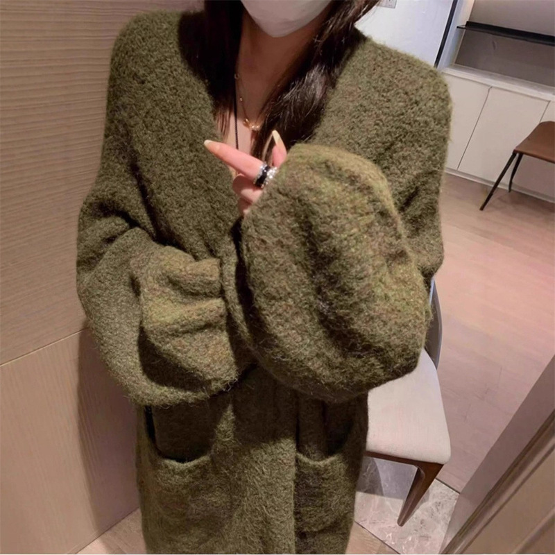 慵懒风软糯中长款灰色毛衣外套女2025秋冬外搭高级感宽松针织开衫|undefined