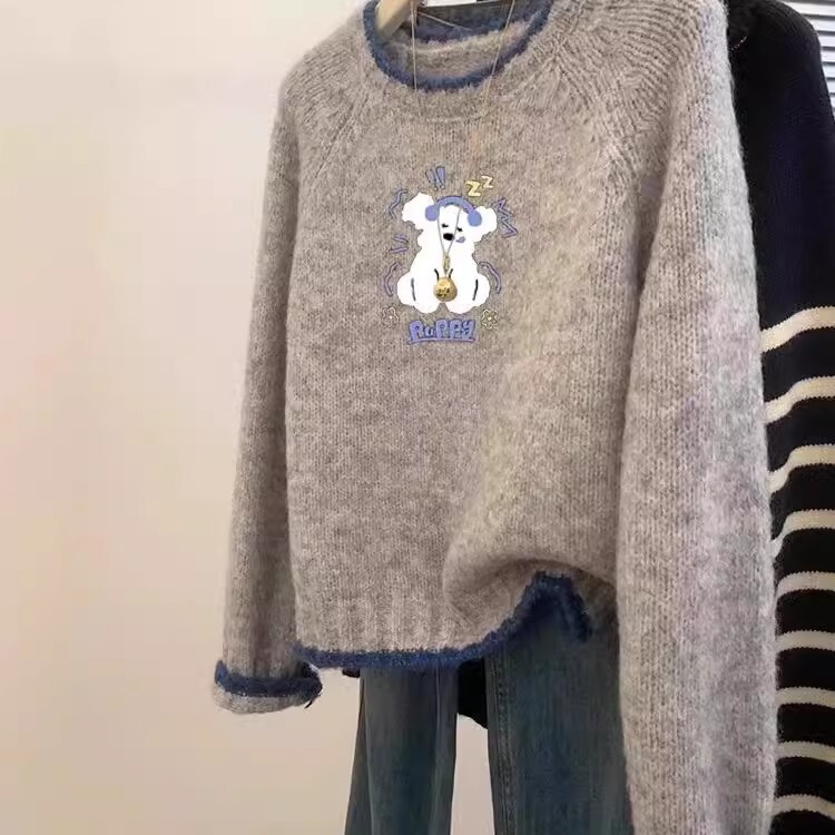 Grey Puppy Printed Shoulder Knitted Sweater 2024 Autumn and Winter New Unique Chic Super Nice Top