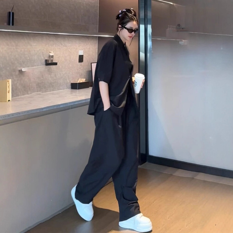 Black Ice Silk Quick-Dry Pants Men and Women Summer Thin Stylish High-End Drape Shirt Pants Set Two-Piece Set