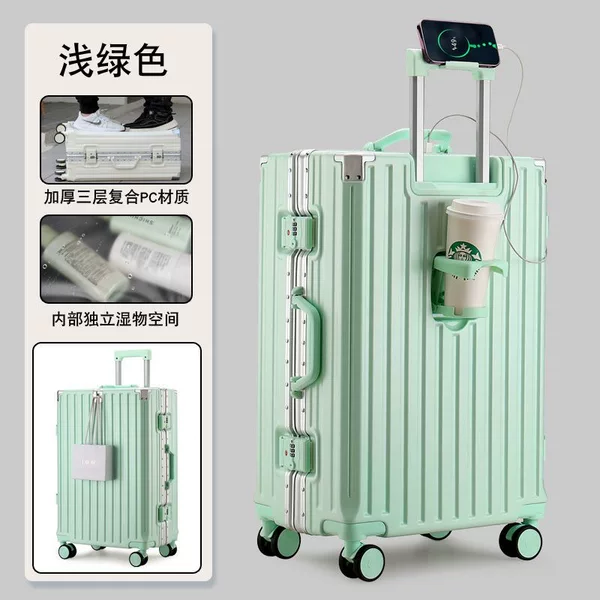 Aluminum Frame Suitcase with 20inch USB Charging Ports, Multifunctional Cup Holder, 24inch Large Capacity Stylish Student Travel Suitcase for Women