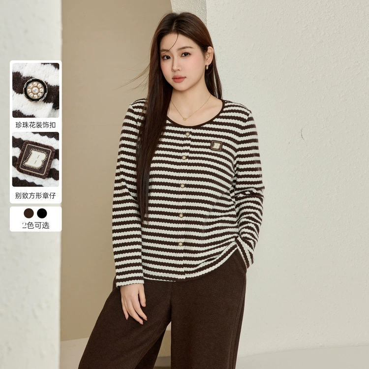 [Ленивый ветер ретро в полоску мягкий клейкий свитер с круглым вырезом] Полосатый большой размер женский толстый mm2024 зимний новый