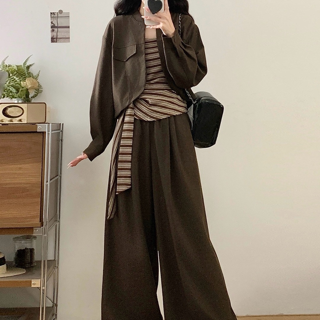 珍珍时尚大码女装2025秋超火搭配一整套美拉德咖色外套条纹背心