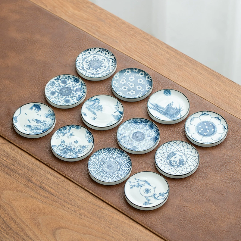 Ретро сине-белая керамическая подставка для чая, круглая противоожоговая изолированная бытовая подставка для чая в японском стиле, кунг-фу, аксессуары, маленькая тарелка