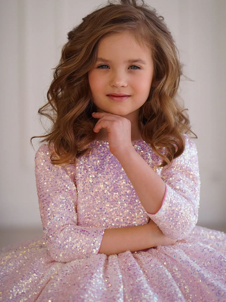 Kinderkleidung rosa Mädchen Prinzessin Kleid neuen Stil Mädchen Langarm Pailletten Geburtstag Weihnachten Kinder Kleid_voghion.com
